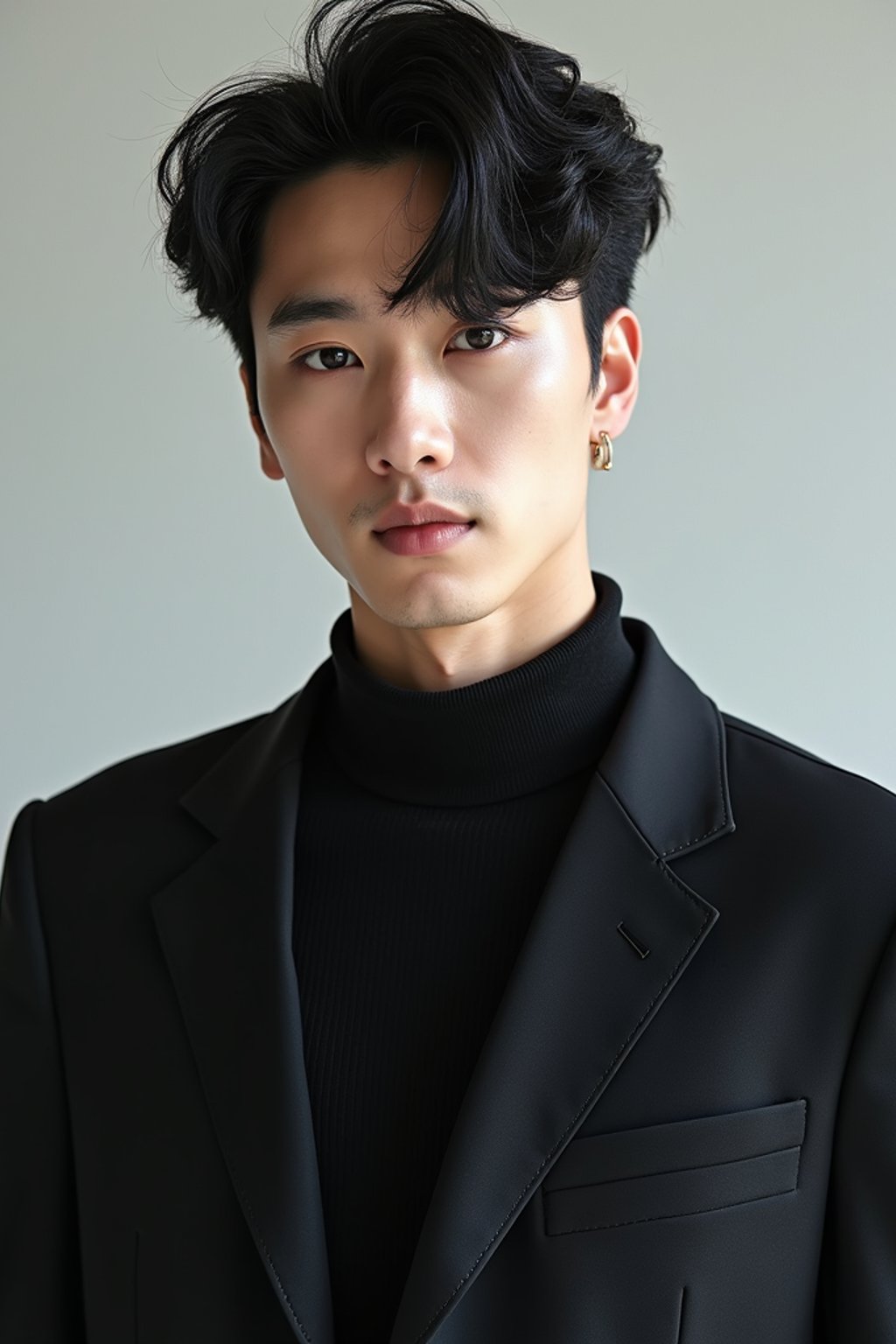 Korean man (with black hair) (as korean kpop k-pop idol) posing for photo, wearing Korean clothes, Korean fashion, Korean fashion, Korean makeup, (in front of solid background)