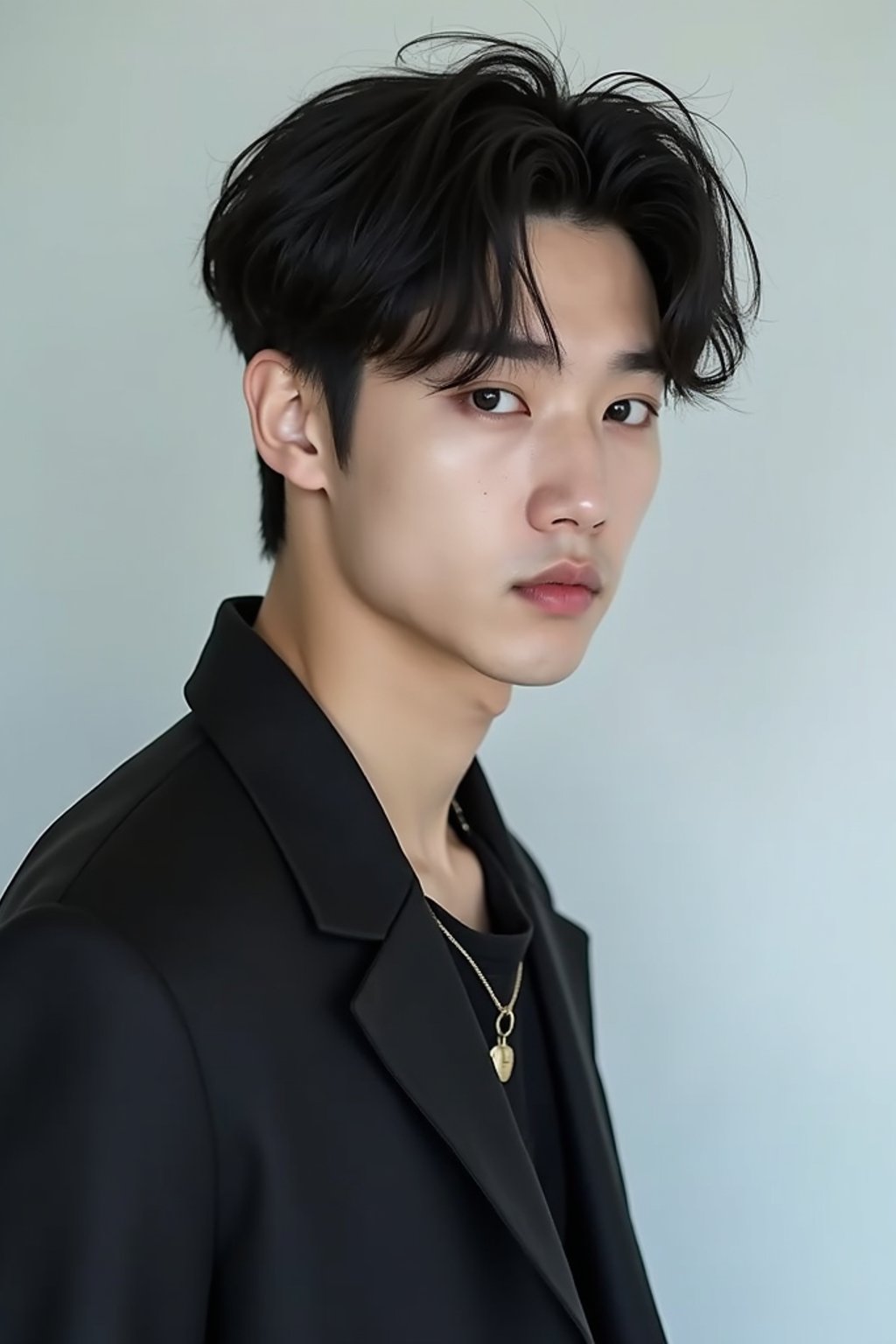 Korean man (with black hair) (as korean kpop k-pop idol) posing for photo, wearing Korean clothes, Korean fashion, Korean fashion, Korean makeup, (in front of solid background)