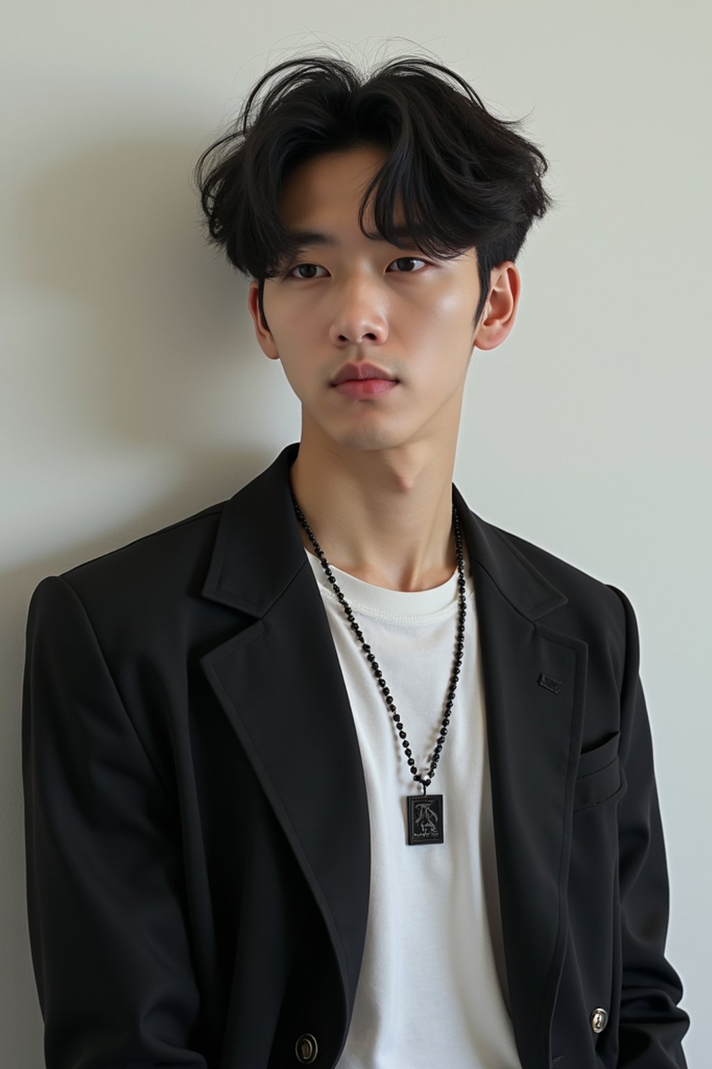 Korean man (with black hair) (as korean kpop k-pop idol) posing for photo, wearing Korean clothes, Korean fashion, Korean fashion, Korean makeup, (in front of solid background)