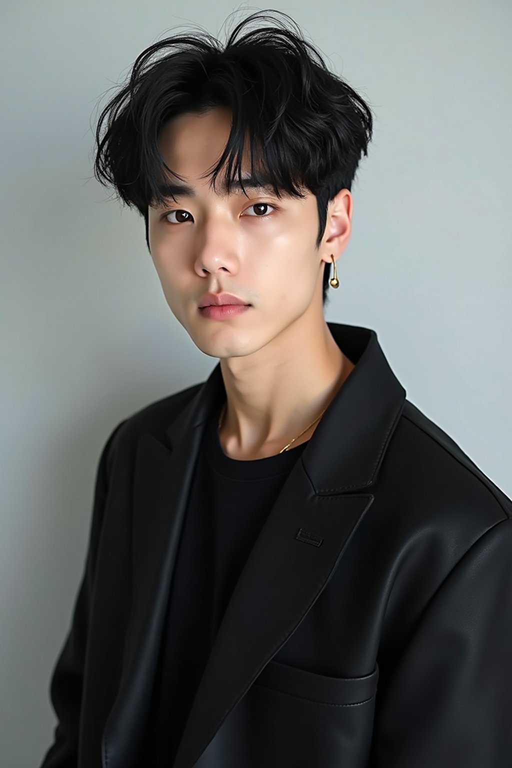 Korean man (with black hair) (as korean kpop k-pop idol) posing for photo, wearing Korean clothes, Korean fashion, Korean fashion, Korean makeup, (in front of solid background)