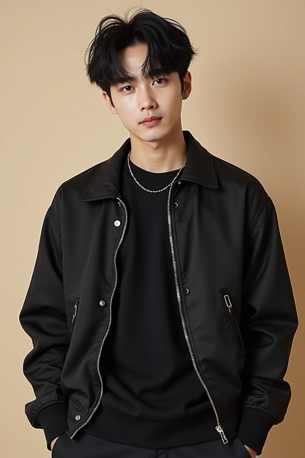 Korean man (with black hair) (as korean kpop k-pop idol) posing for photo, wearing Korean clothes, Korean fashion, Korean fashion, Korean makeup, (in front of solid background)