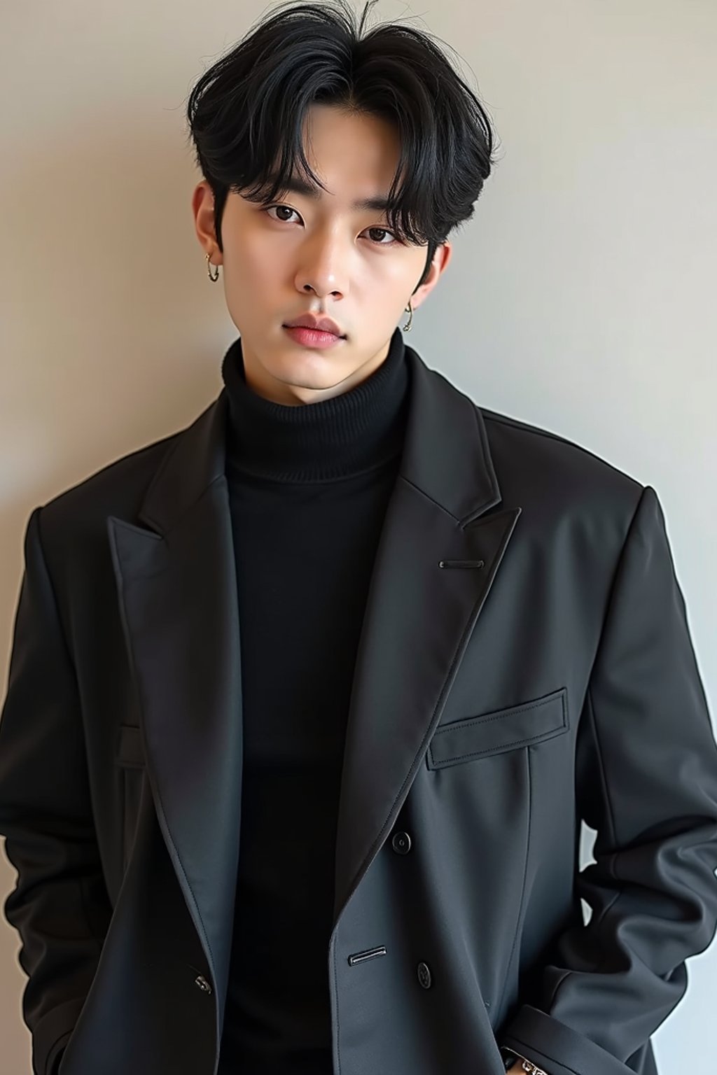 Korean man (with black hair) (as korean kpop k-pop idol) posing for photo, wearing Korean clothes, Korean fashion, Korean fashion, Korean makeup, (in front of solid background)