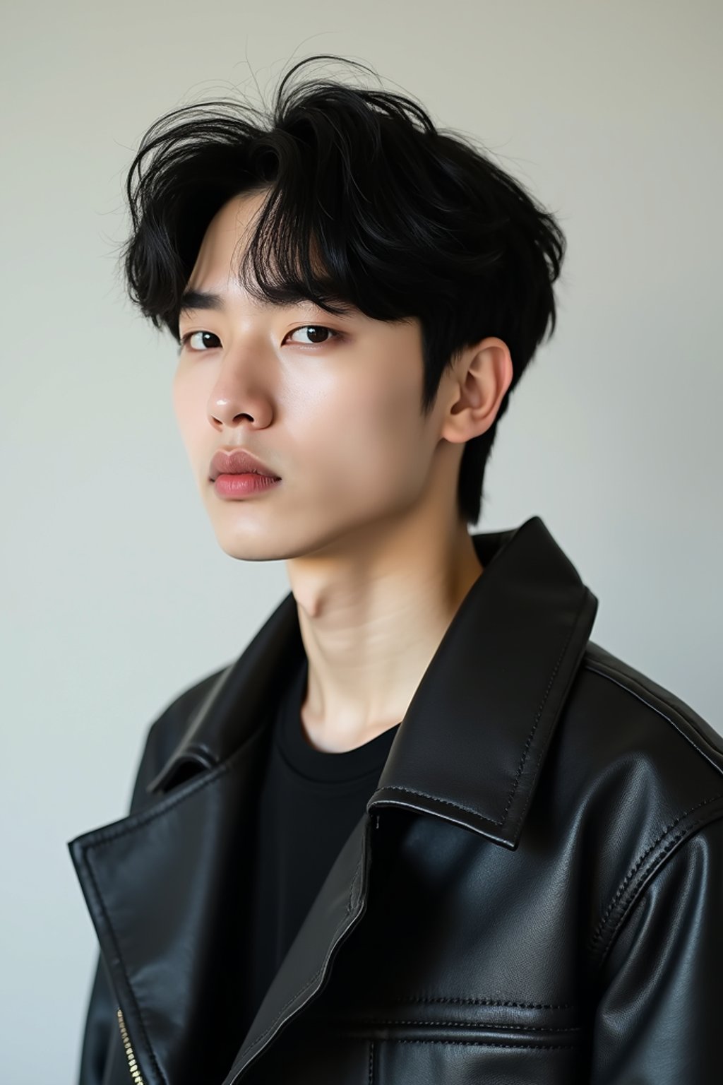 Korean man (with black hair) (as korean kpop k-pop idol) posing for photo, wearing Korean clothes, Korean fashion, Korean fashion, Korean makeup, (in front of solid background)