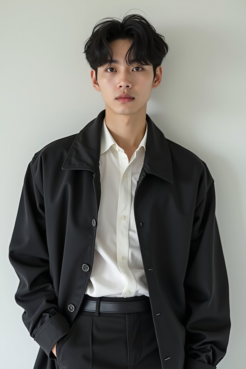 Korean man (with black hair) (as korean kpop k-pop idol) posing for photo, wearing Korean clothes, Korean fashion, Korean fashion, Korean makeup, (in front of solid background)