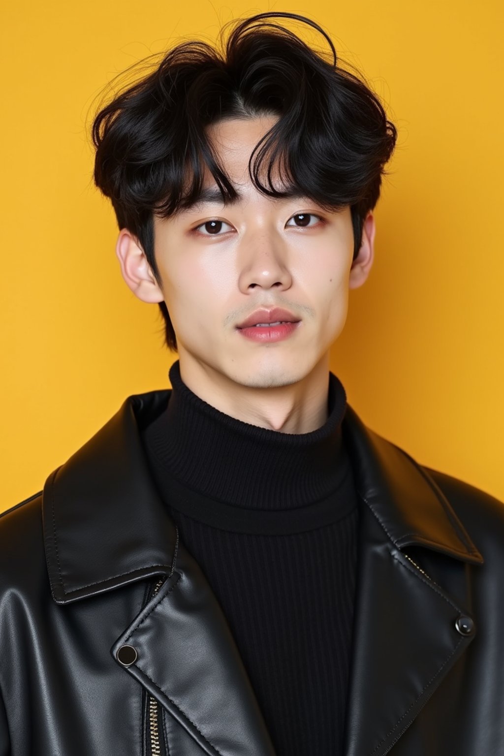 Korean man (with black hair) (as korean kpop k-pop idol) posing for photo, wearing Korean clothes, Korean fashion, Korean fashion, Korean makeup, (in front of solid background)