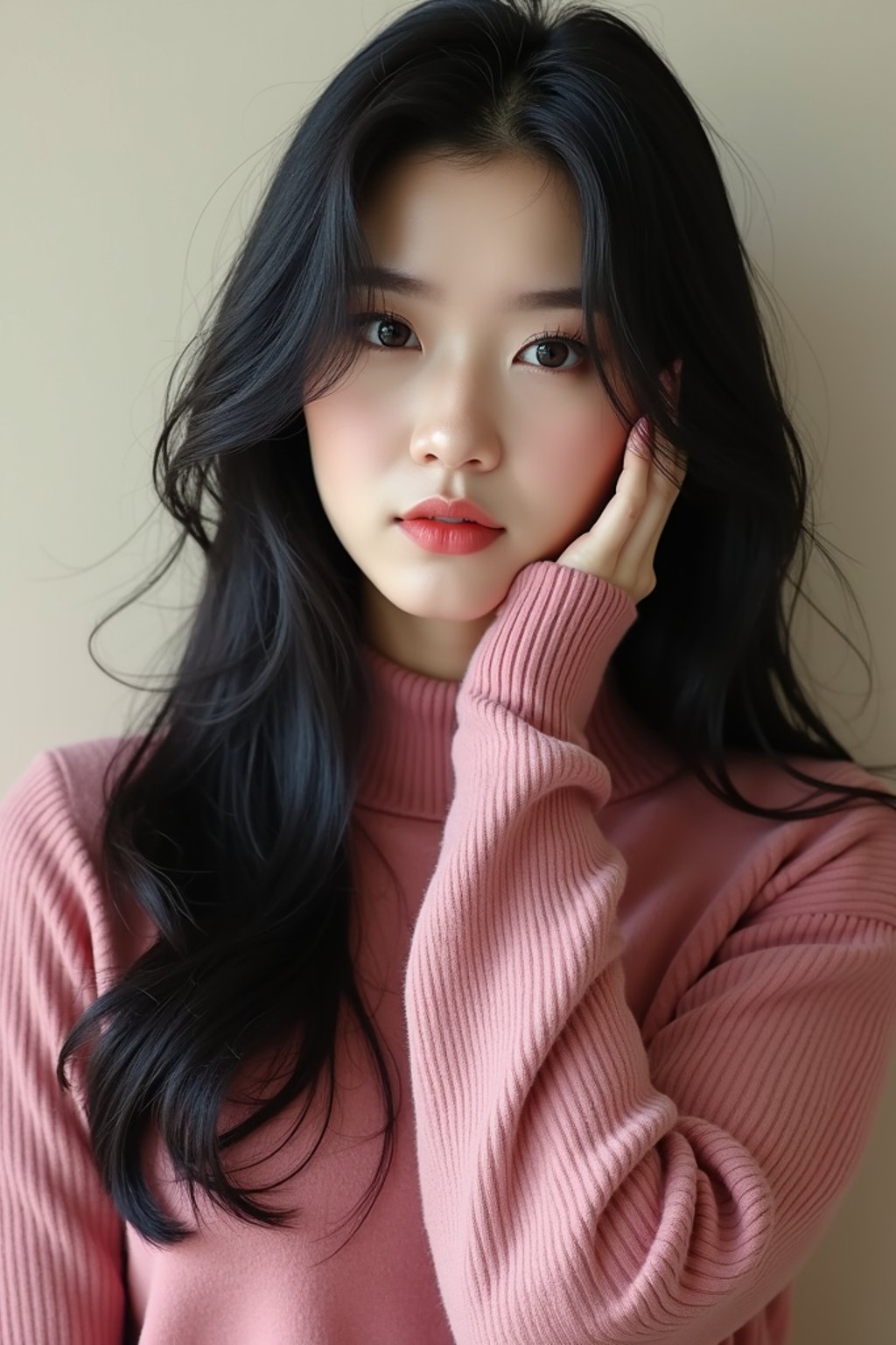 Korean woman (with black hair) (as korean kpop k-pop idol) posing for photo, wearing Korean clothes, Korean fashion, Korean fashion, Korean makeup, (in front of solid background)