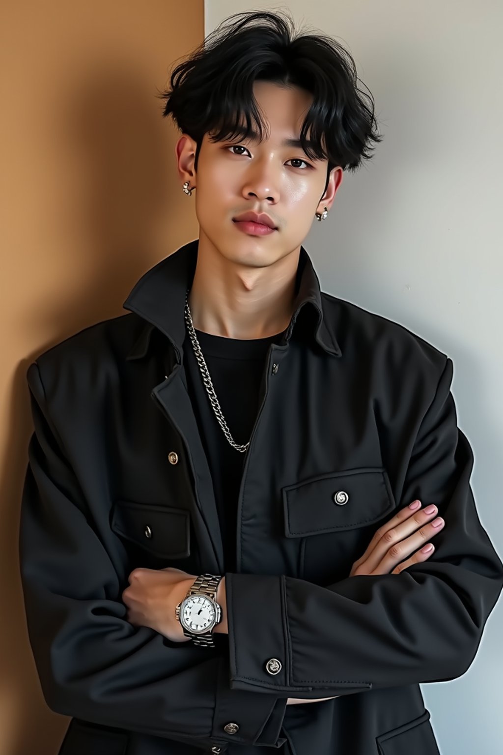 Korean man (with black hair) (as korean kpop k-pop idol) posing for photo, wearing Korean clothes, Korean fashion, Korean fashion, Korean makeup, (in front of solid background)