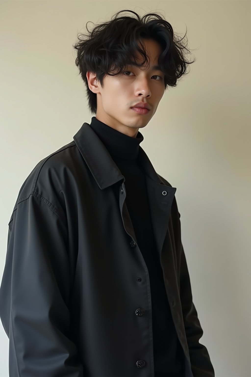 Korean man (with black hair) (as korean kpop k-pop idol) posing for photo, wearing Korean clothes, Korean fashion, Korean fashion, Korean makeup, (in front of solid background)