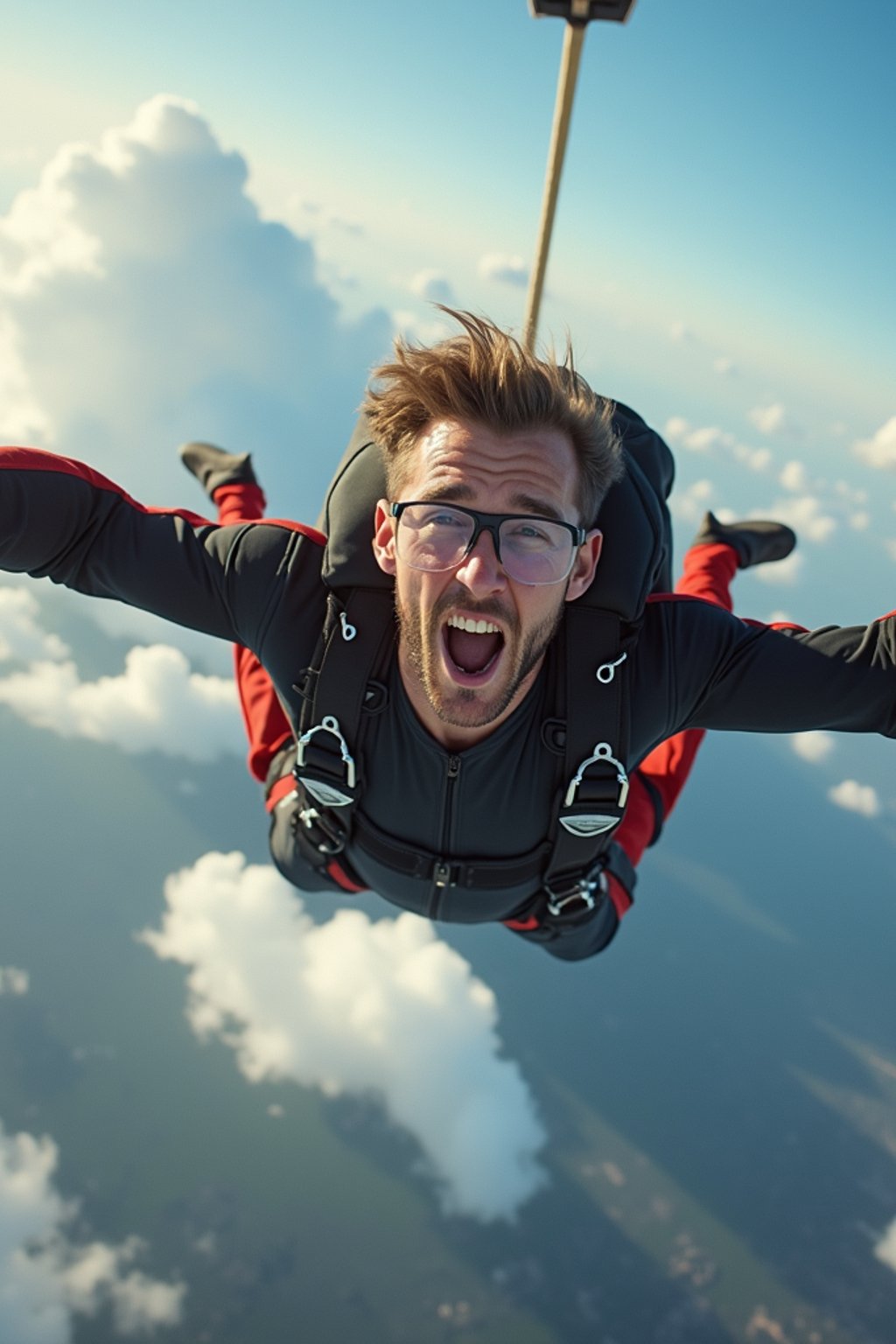 wide shot man skydiving in the air