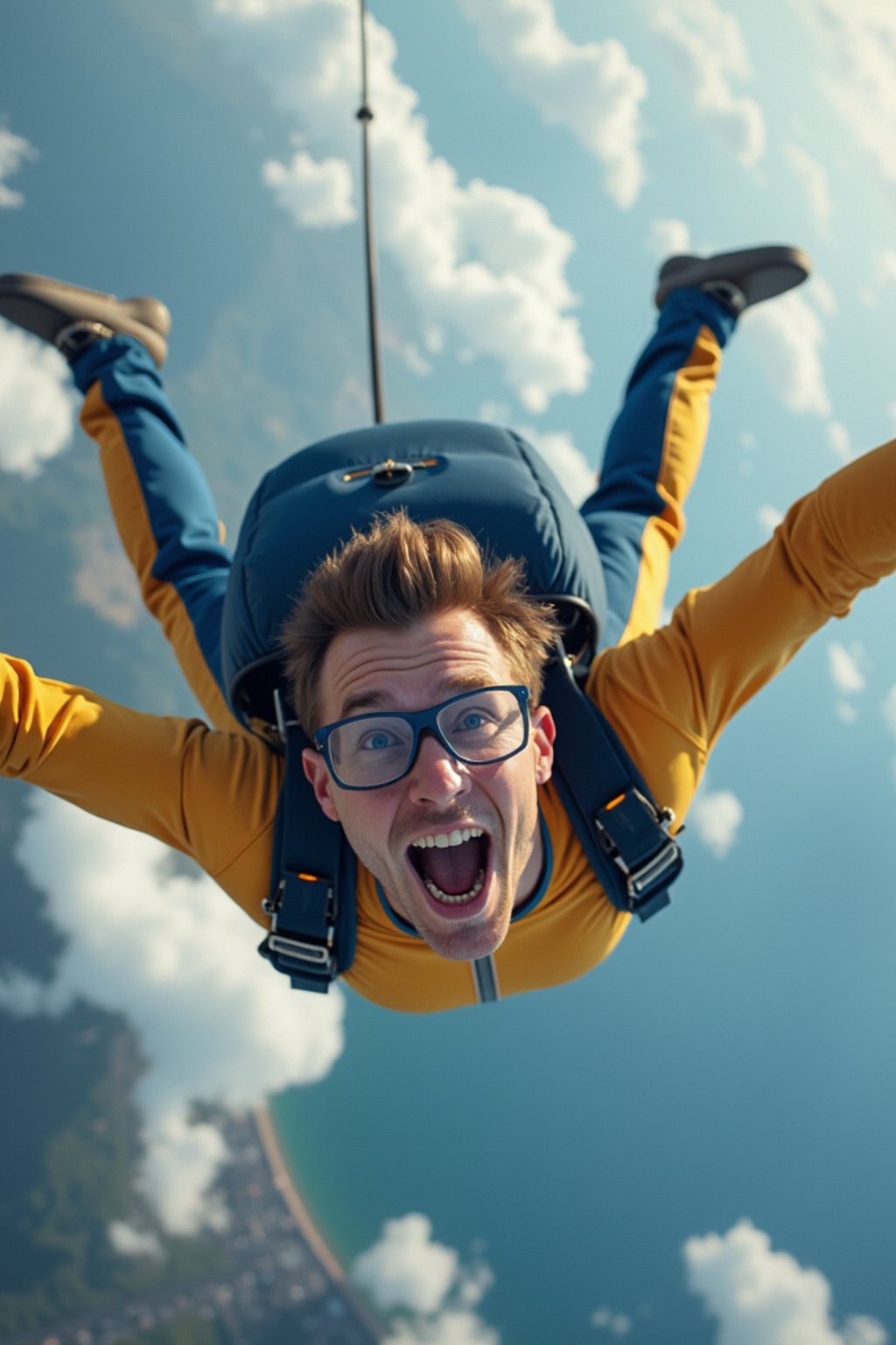 wide shot man skydiving in the air