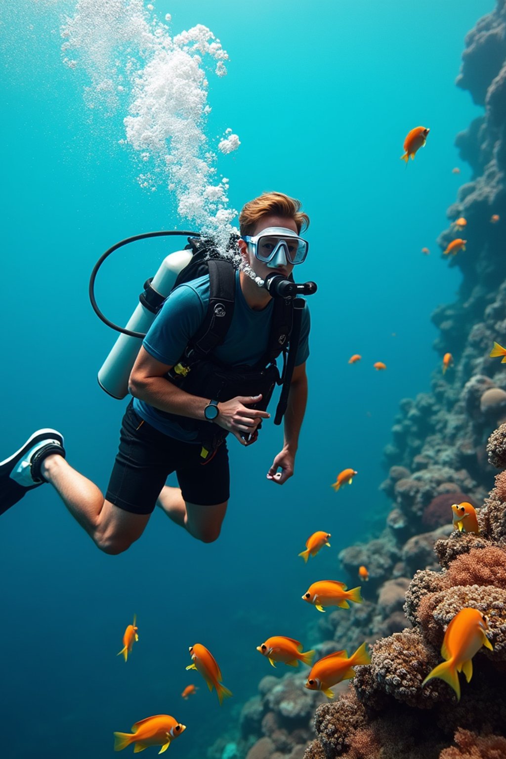 man scuba diving in a stunning coral reef, surrounded by colorful fish