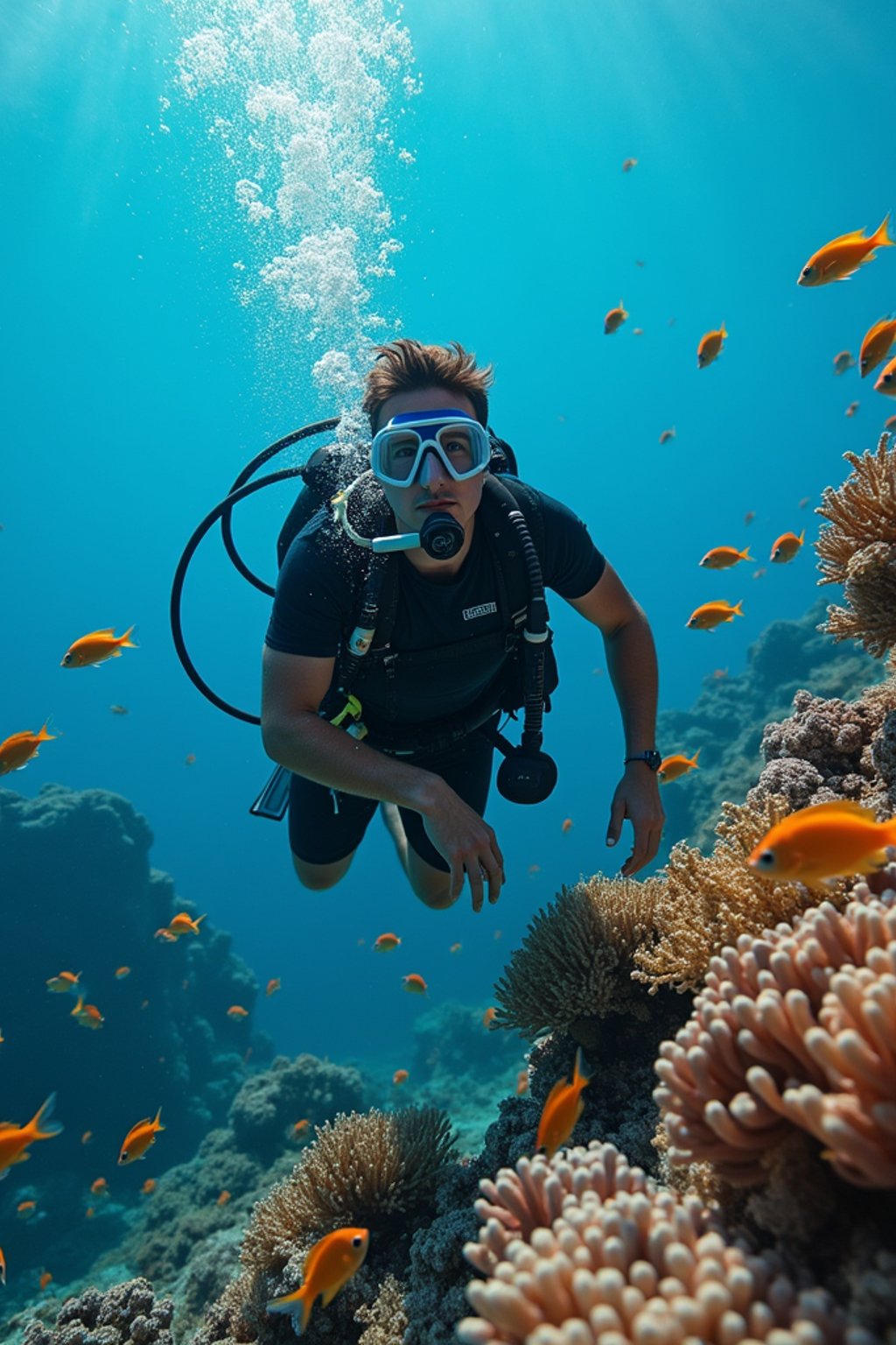 man scuba diving in a stunning coral reef, surrounded by colorful fish