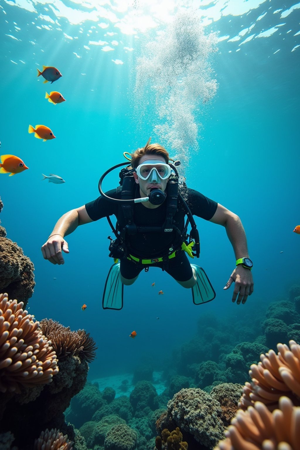 man scuba diving in a stunning coral reef, surrounded by colorful fish