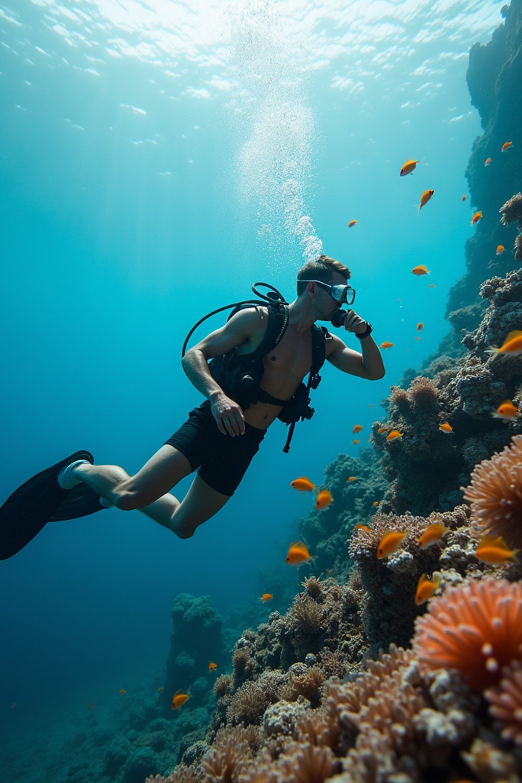 man scuba diving in a stunning coral reef, surrounded by colorful fish