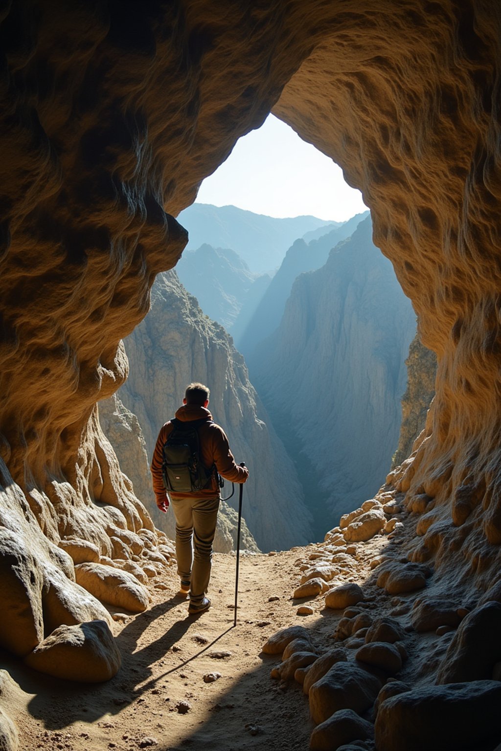 man as individual hiking through an impressive cave system