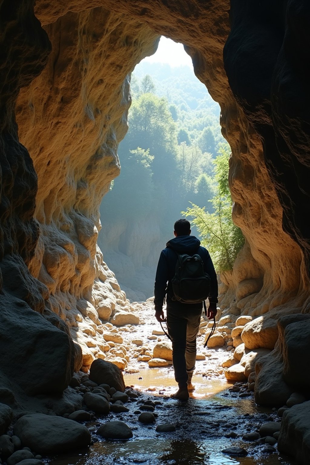 man as individual hiking through an impressive cave system