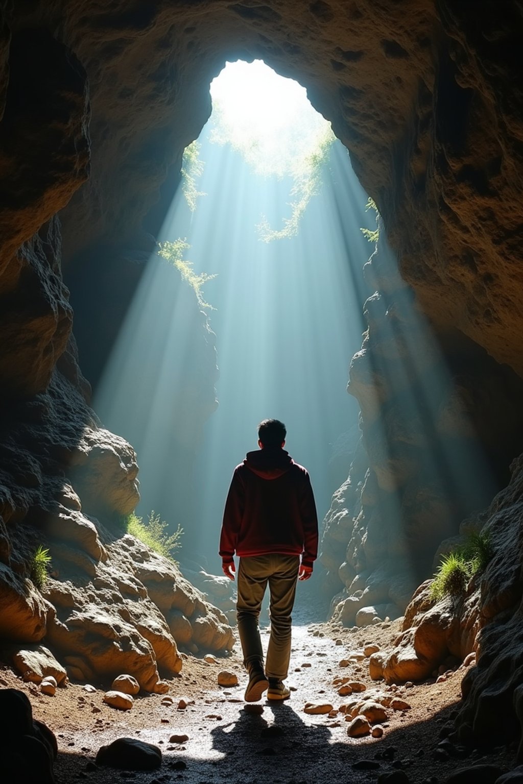 man as individual hiking through an impressive cave system