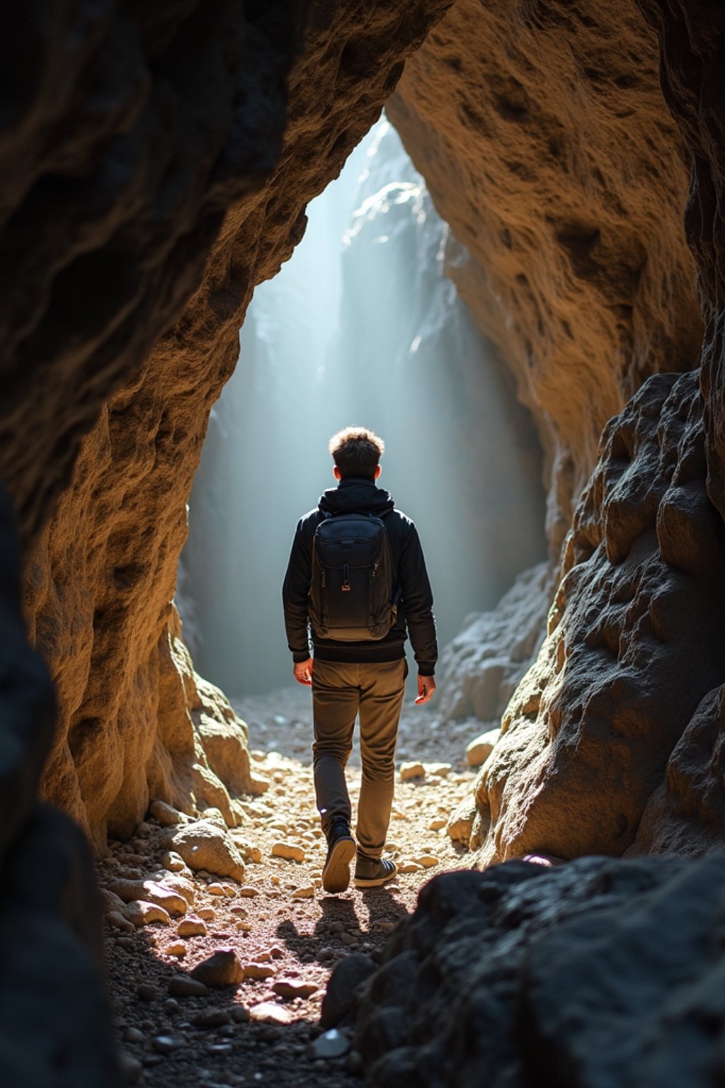 man as individual hiking through an impressive cave system