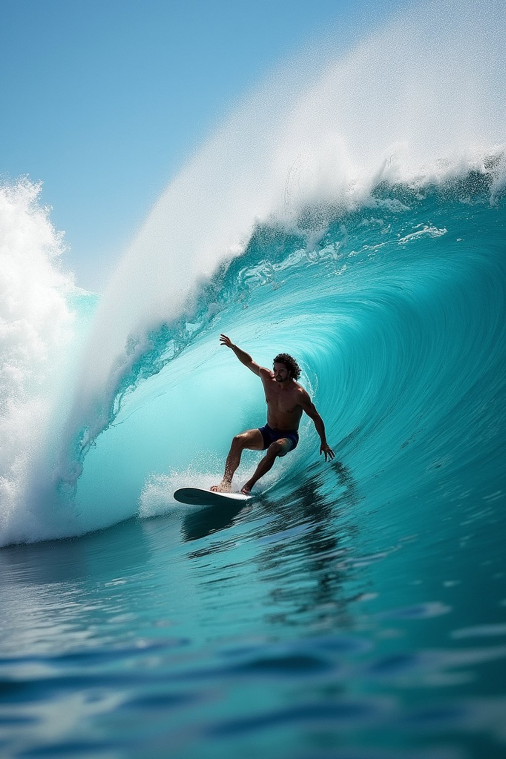 man as individual surfing a massive wave in a clear, blue ocean