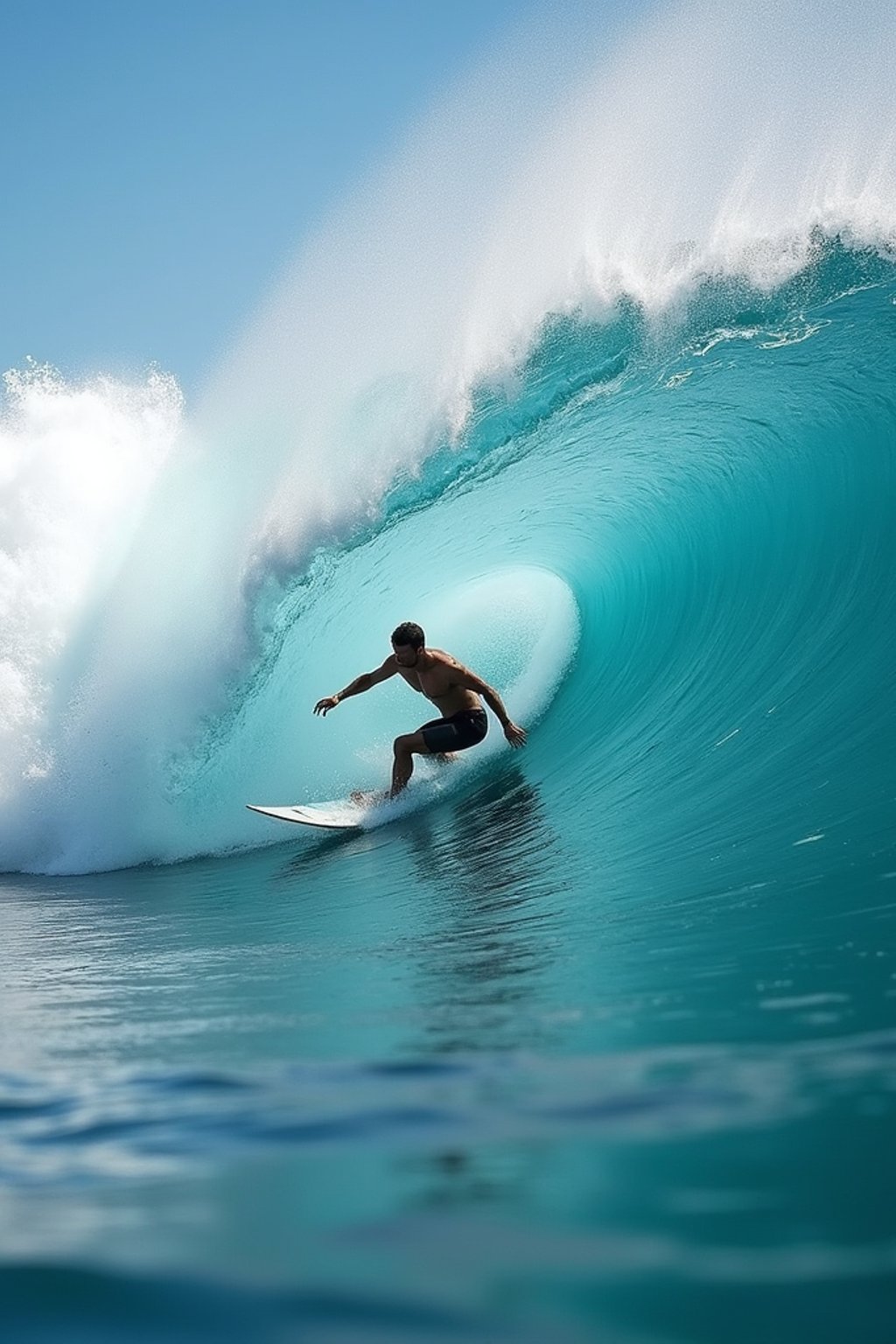 man as individual surfing a massive wave in a clear, blue ocean