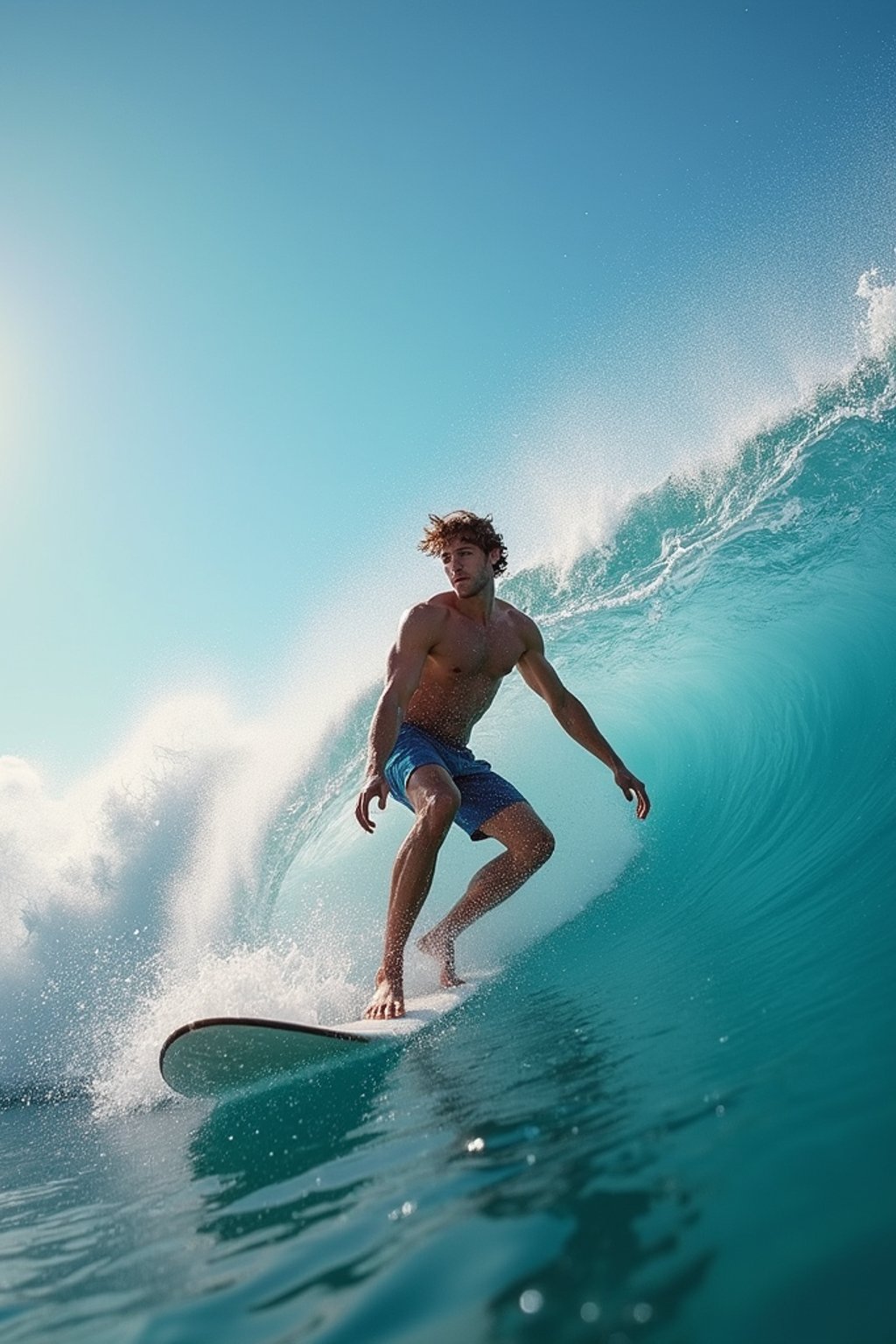 man as individual surfing a massive wave in a clear, blue ocean