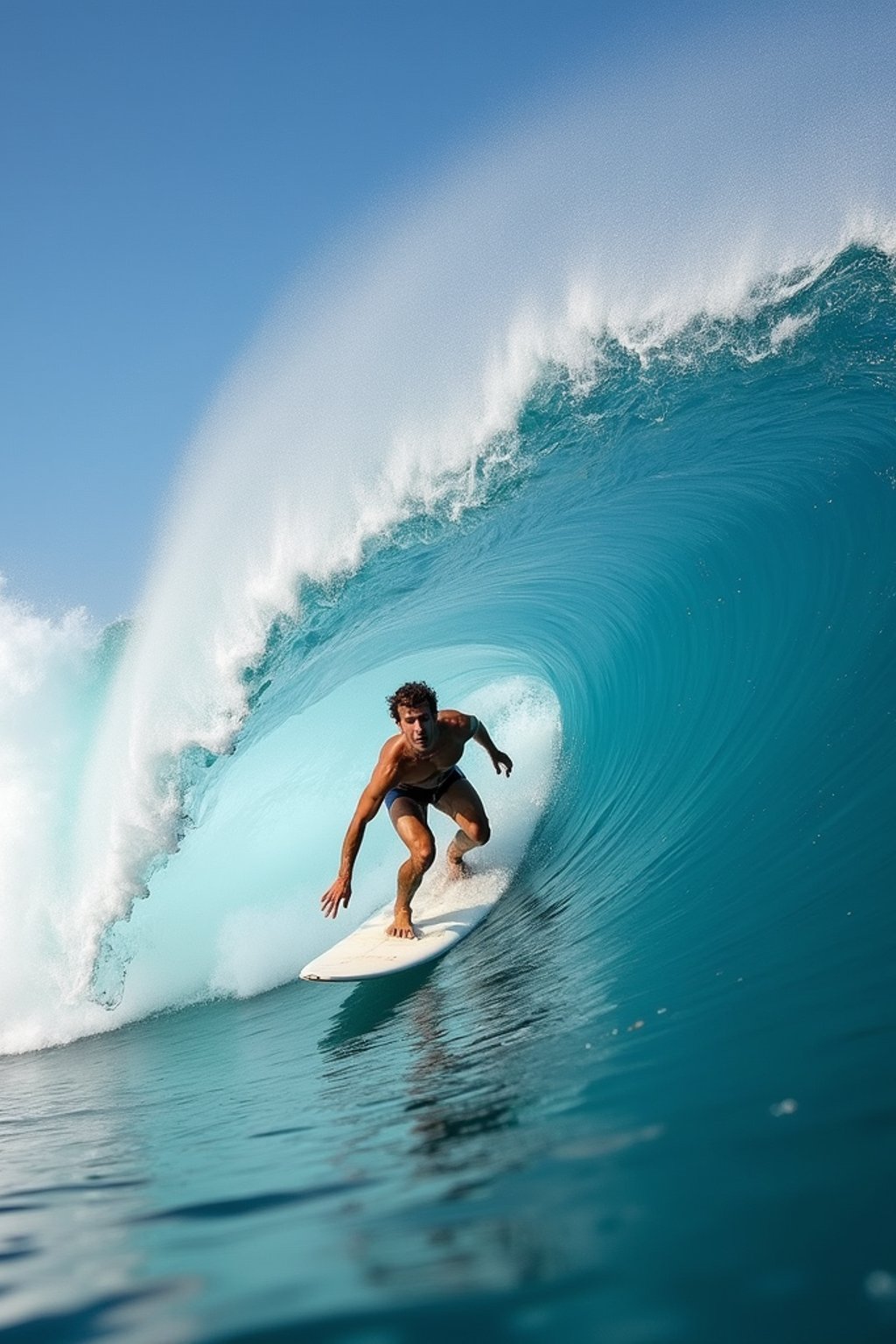 man as individual surfing a massive wave in a clear, blue ocean