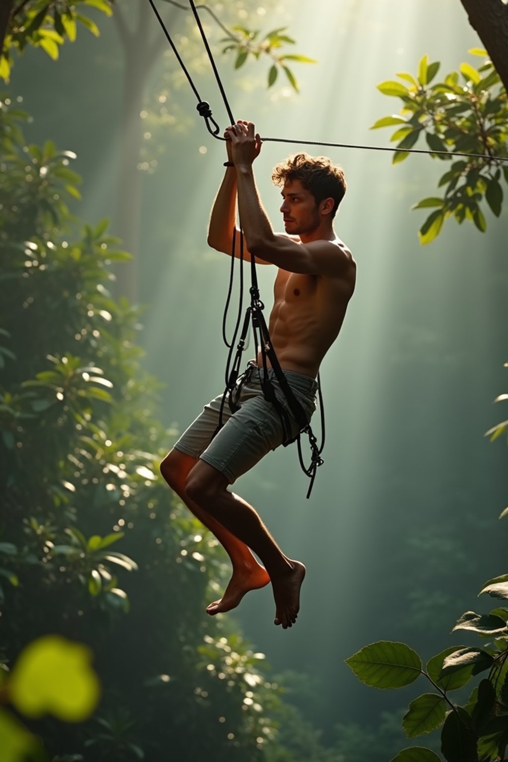 man zip-lining through a tropical rainforest canopy