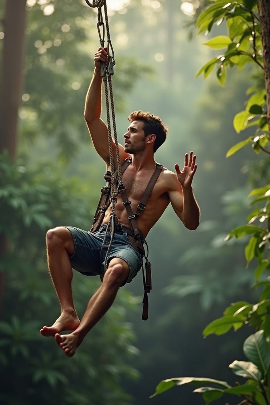 man zip-lining through a tropical rainforest canopy