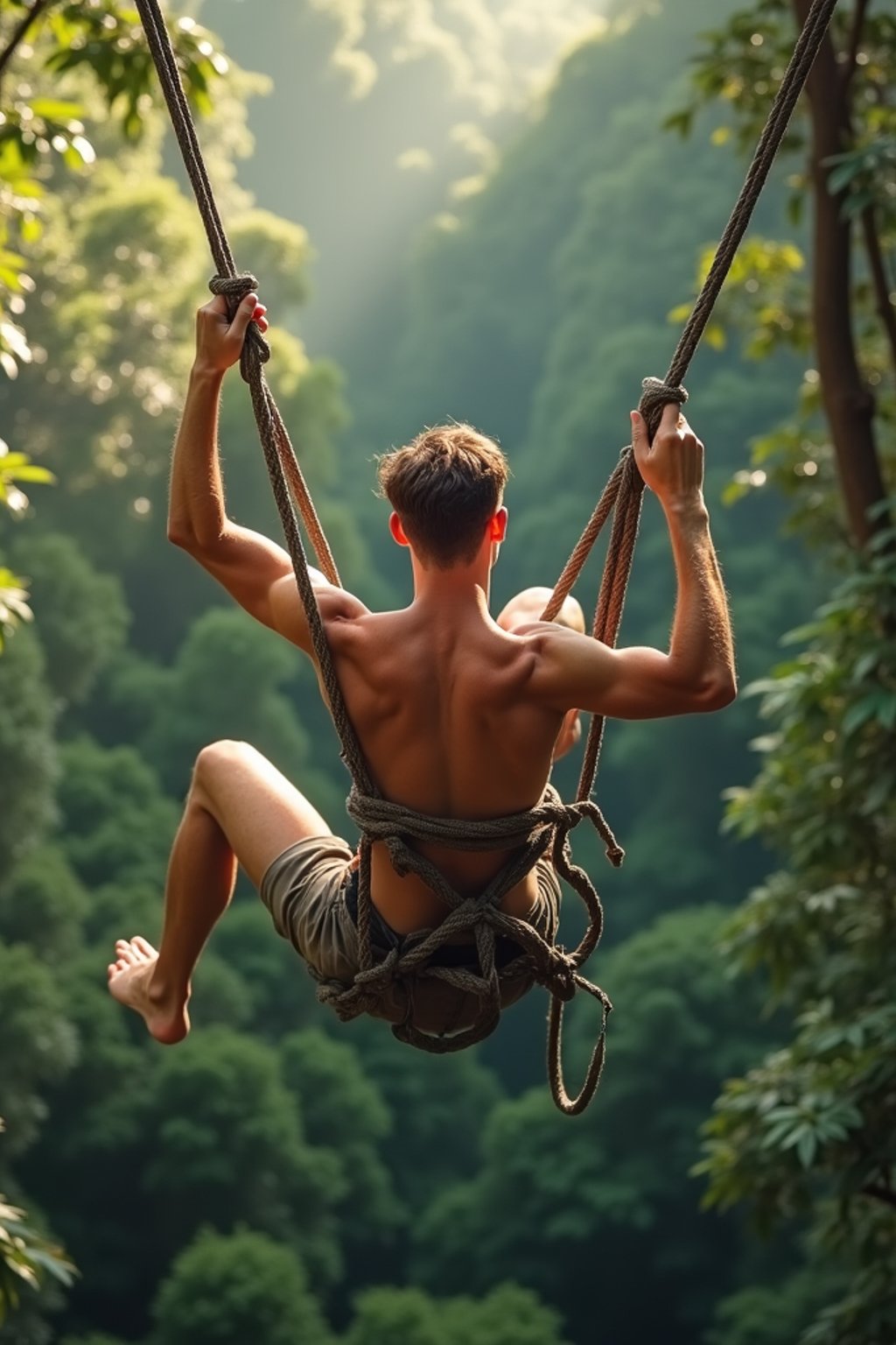 man zip-lining through a tropical rainforest canopy