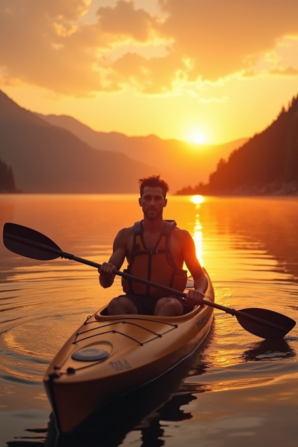 man as explorer kayaking in a serene lake with a mesmerizing sunset backdrop