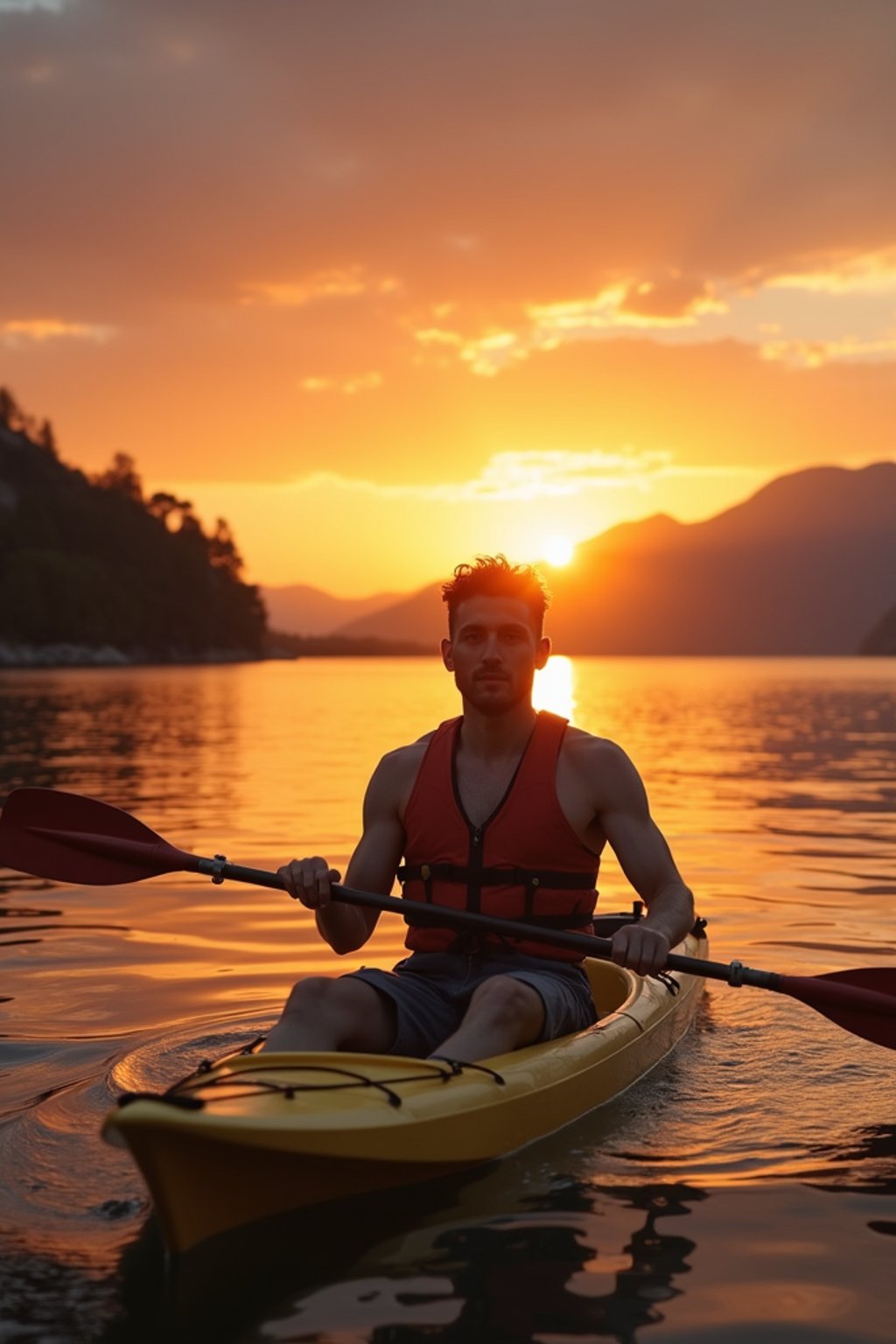 man as explorer kayaking in a serene lake with a mesmerizing sunset backdrop