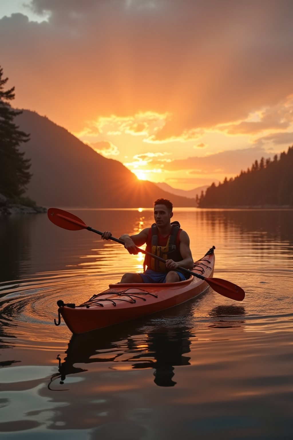 man as explorer kayaking in a serene lake with a mesmerizing sunset backdrop