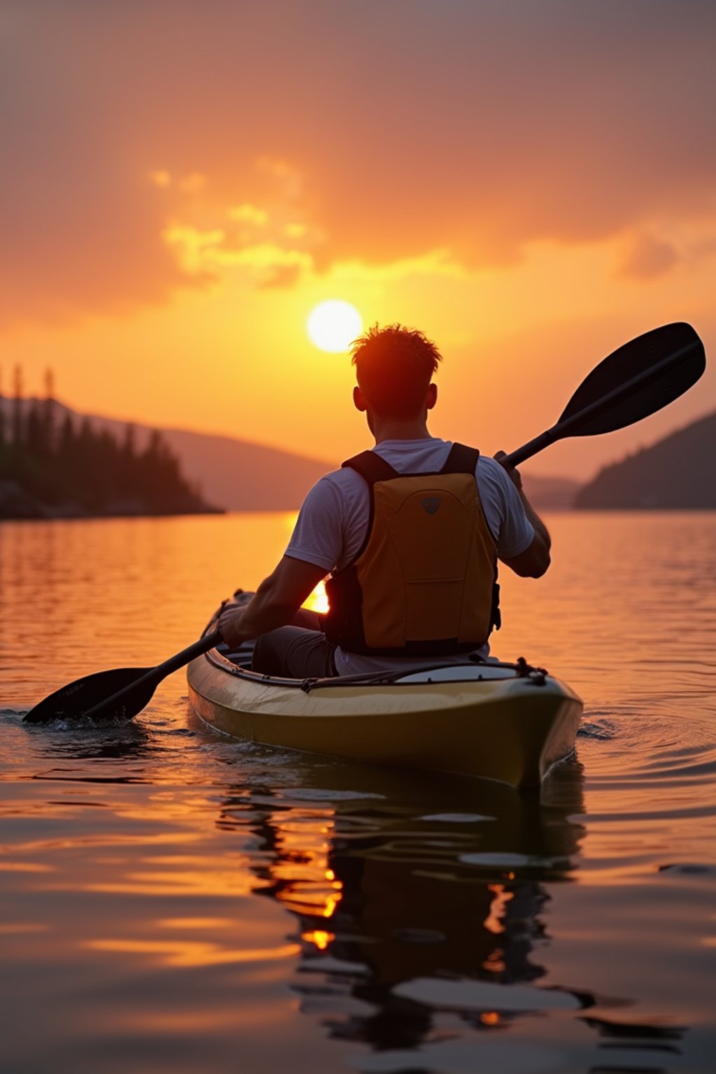 man as explorer kayaking in a serene lake with a mesmerizing sunset backdrop