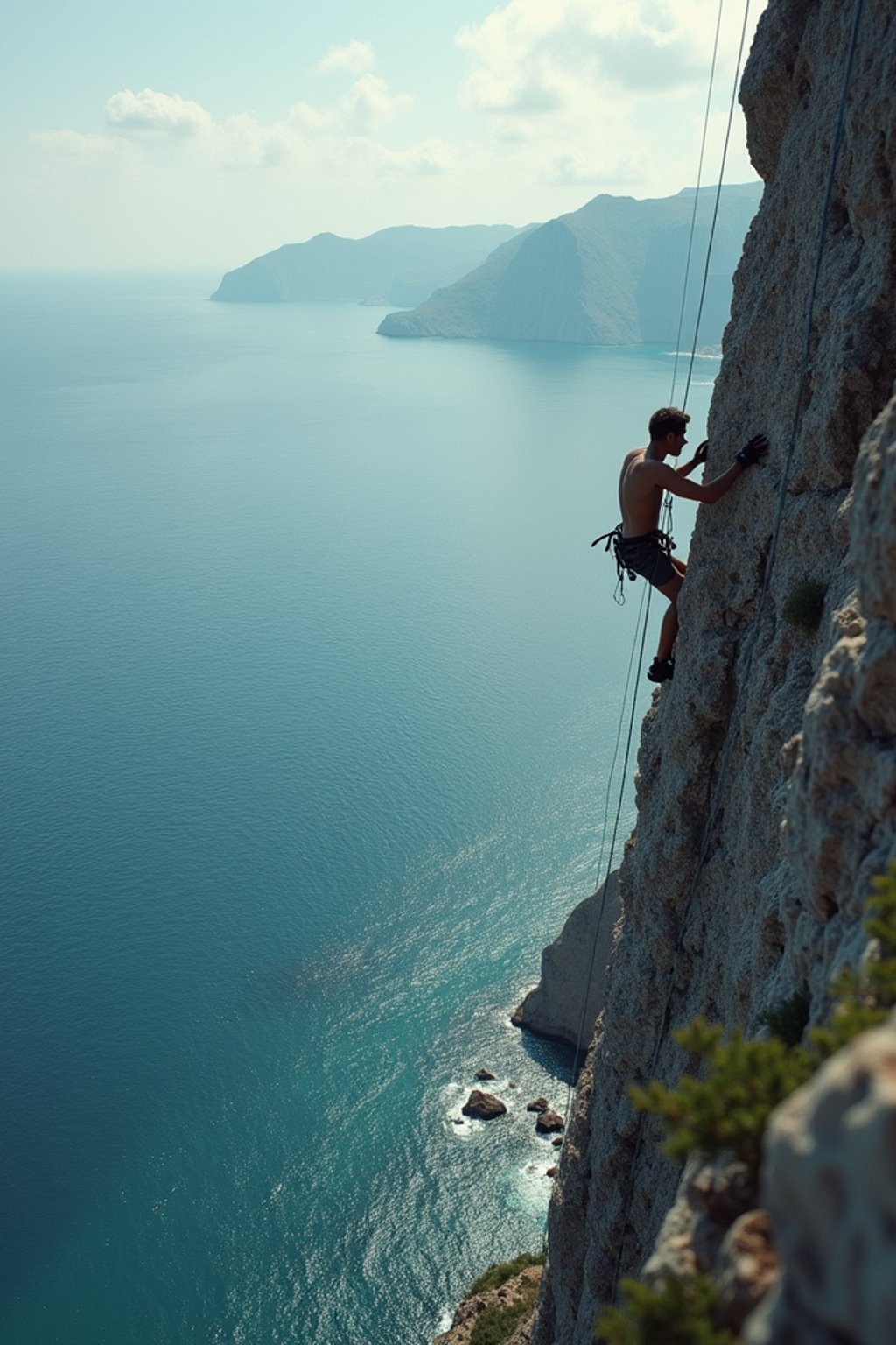 man as adventurer rock climbing a daunting cliff with a breathtaking sea view