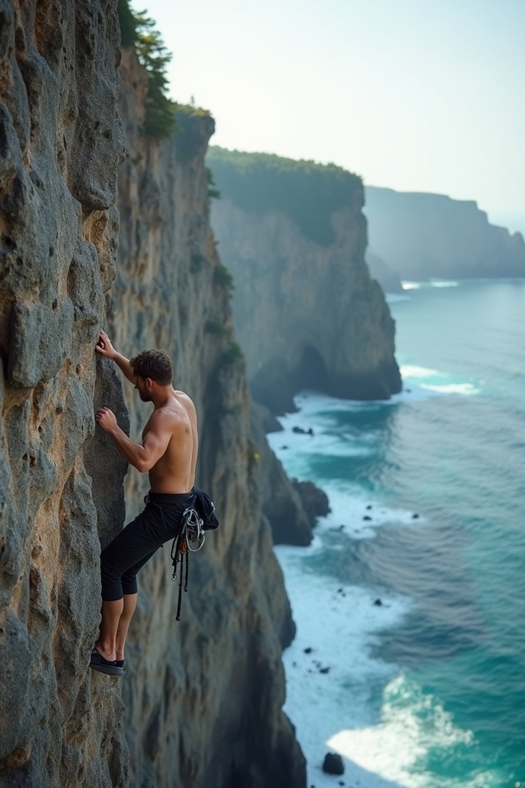 man as adventurer rock climbing a daunting cliff with a breathtaking sea view