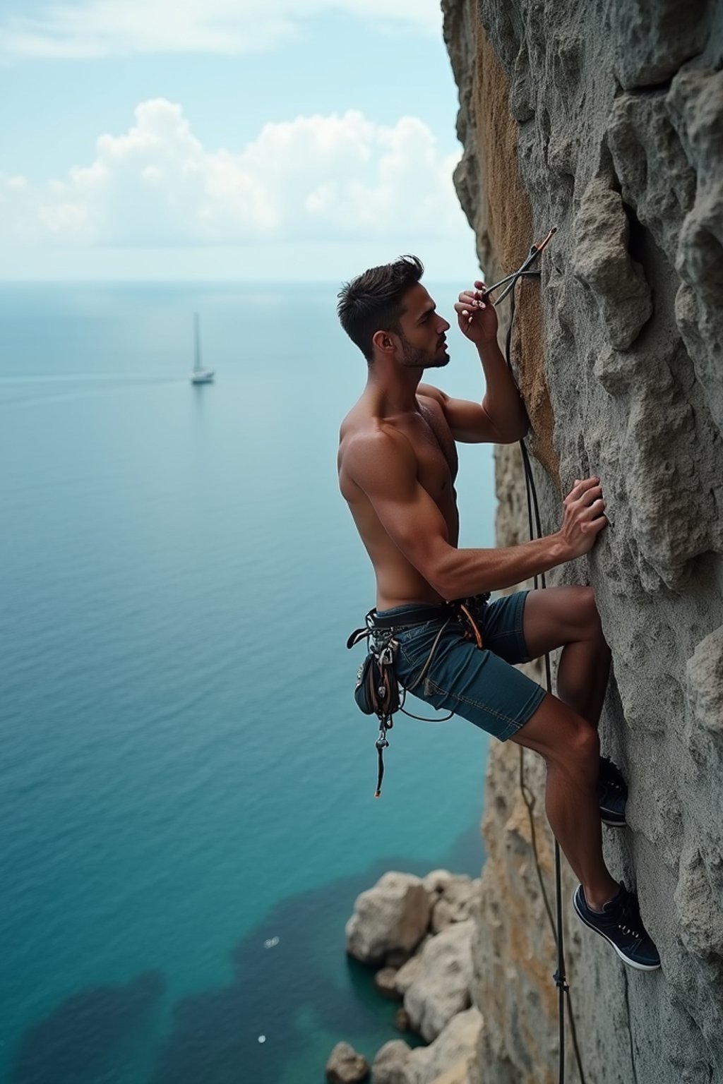 man as adventurer rock climbing a daunting cliff with a breathtaking sea view