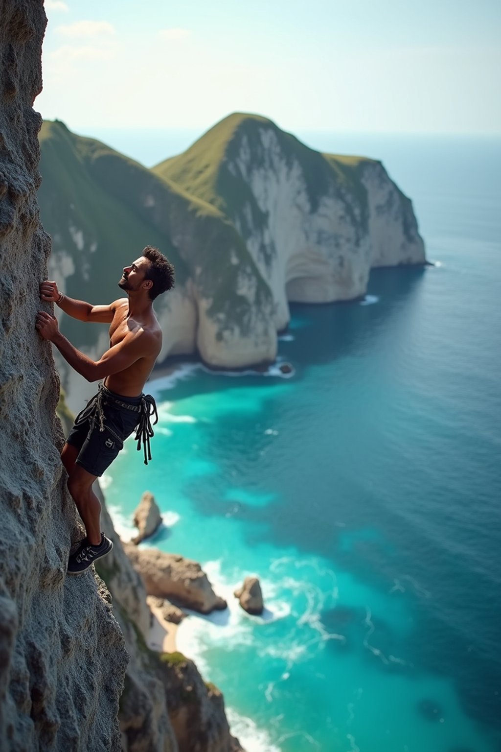 man as adventurer rock climbing a daunting cliff with a breathtaking sea view