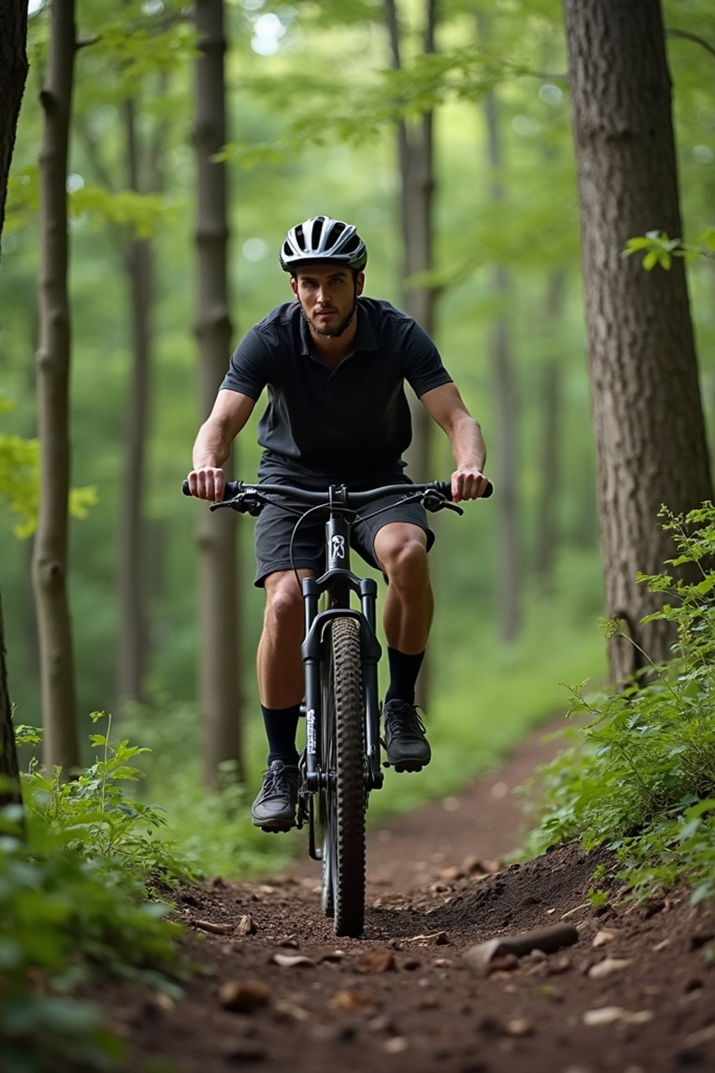 man as individual mountain biking through a dense forest trail