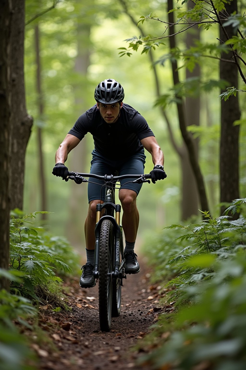 man as individual mountain biking through a dense forest trail