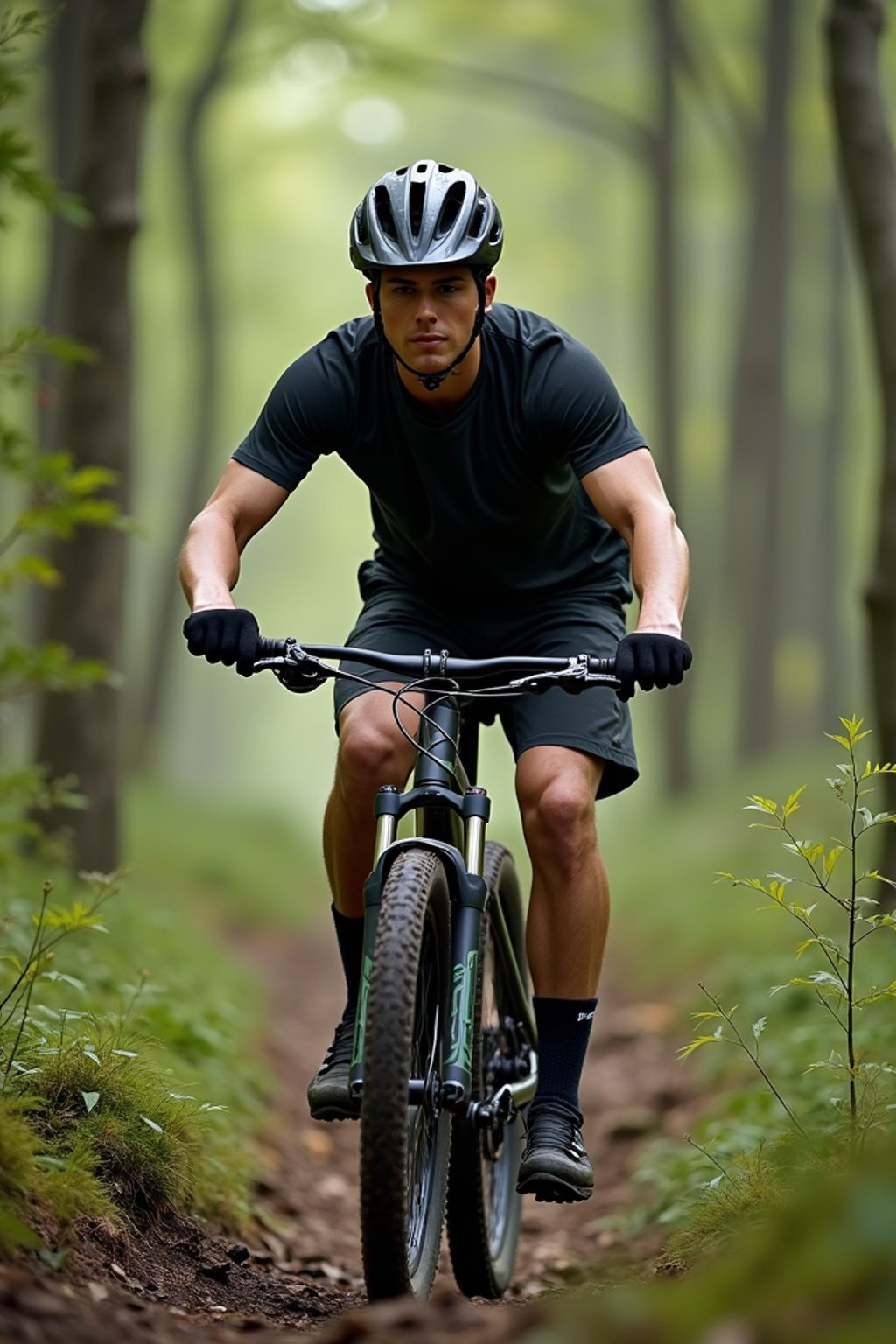 man as individual mountain biking through a dense forest trail