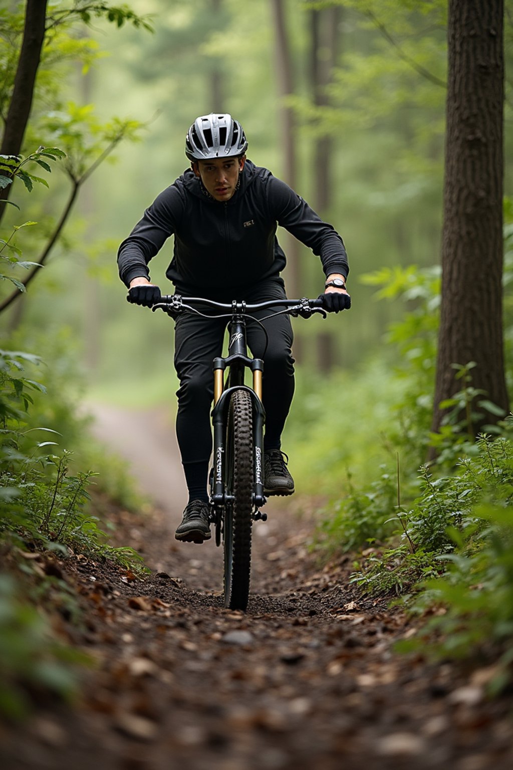 man as individual mountain biking through a dense forest trail