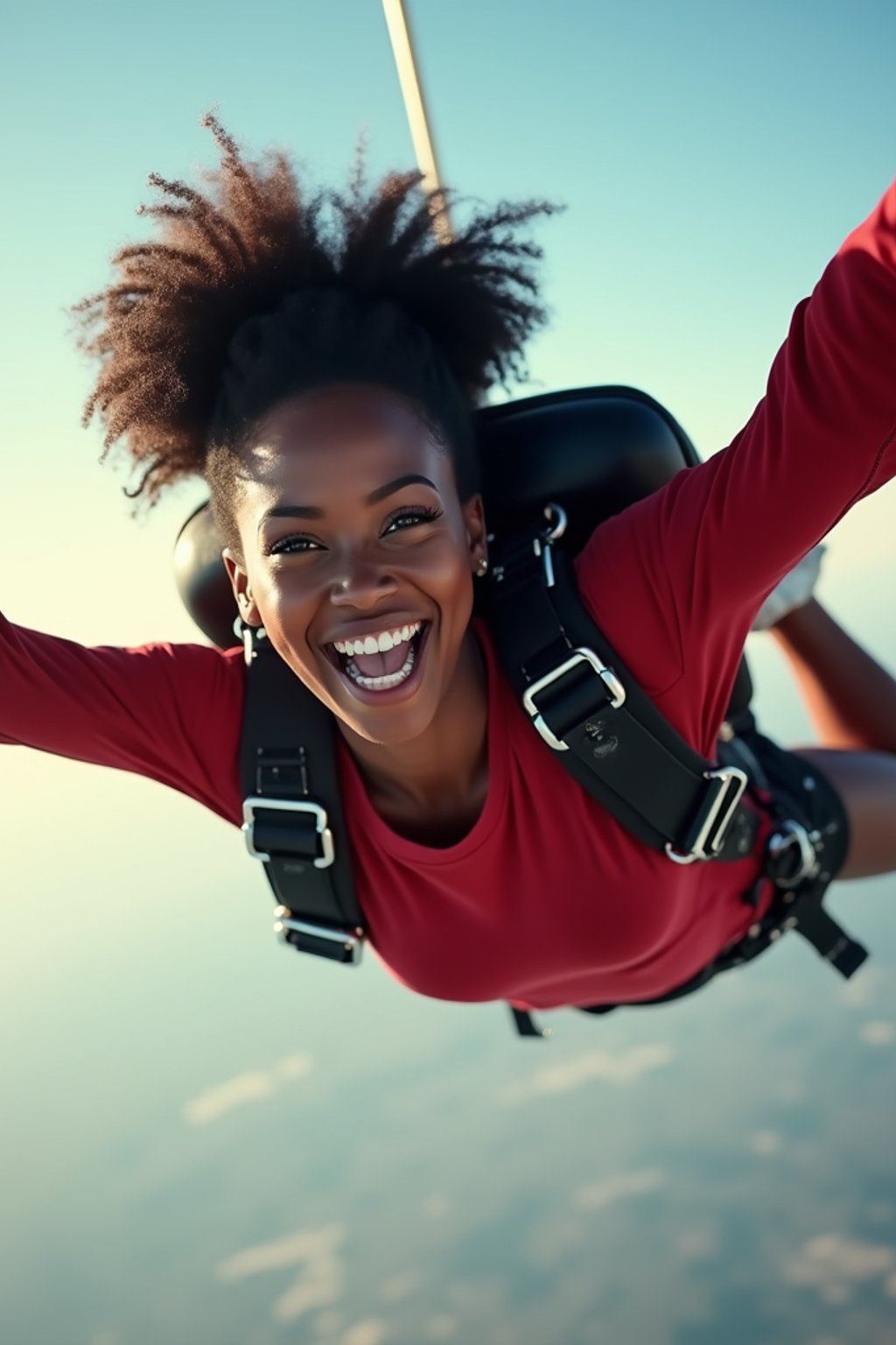 wide shot woman skydiving in the air