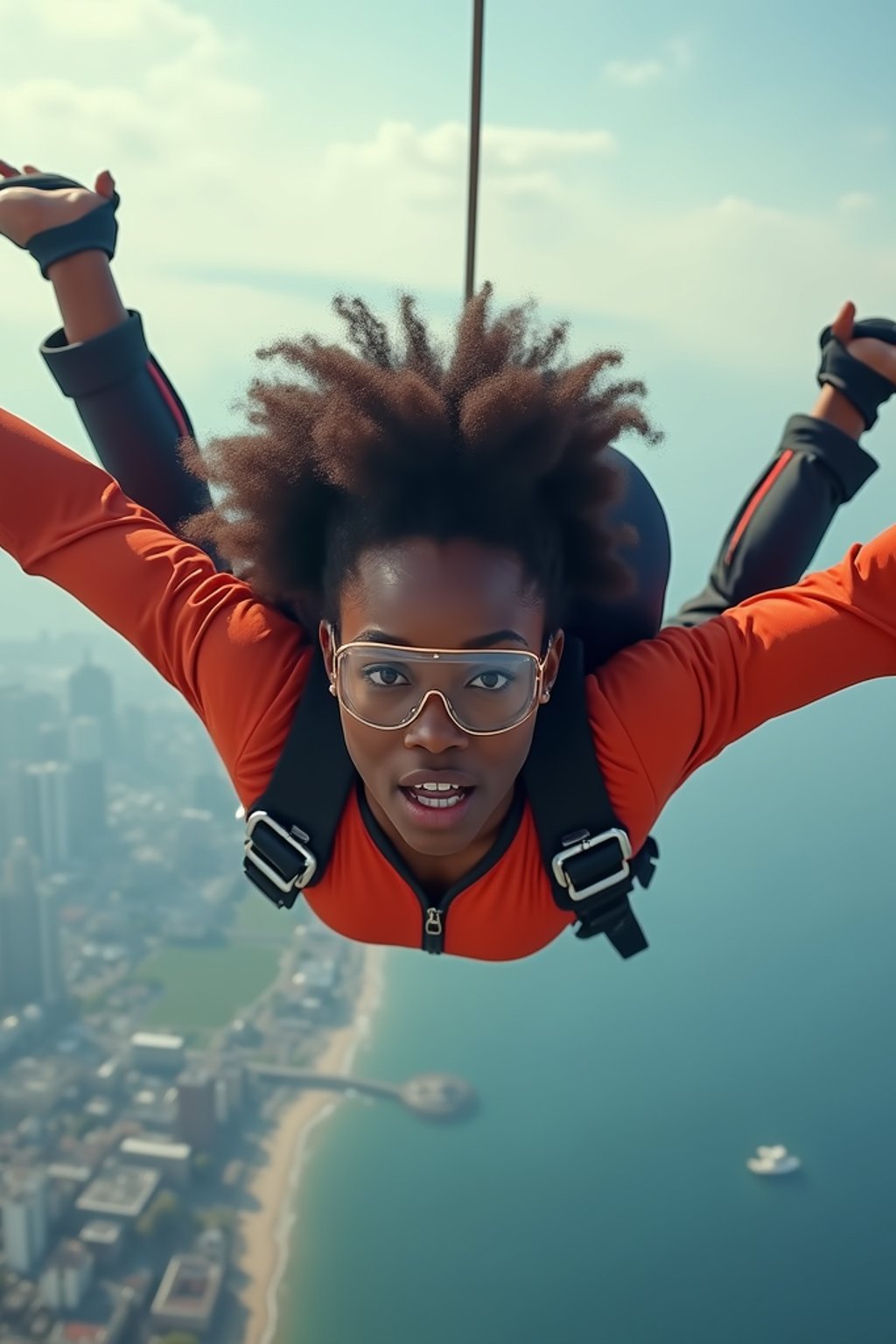 wide shot woman skydiving in the air