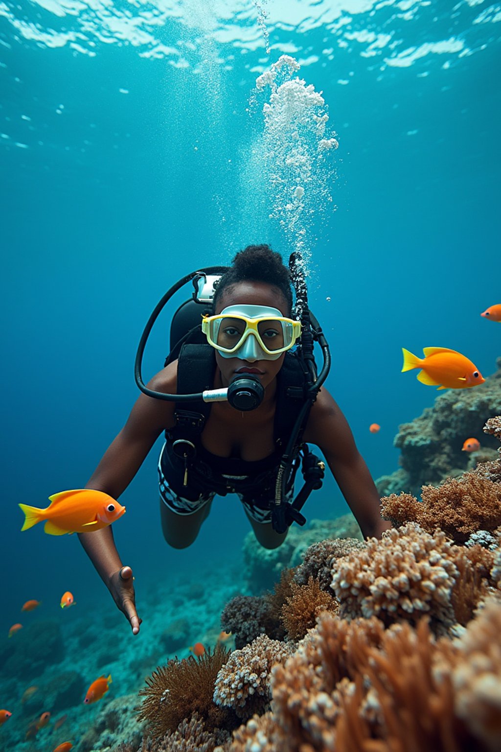 woman scuba diving in a stunning coral reef, surrounded by colorful fish