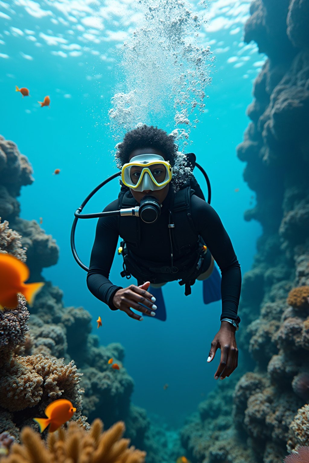 woman scuba diving in a stunning coral reef, surrounded by colorful fish