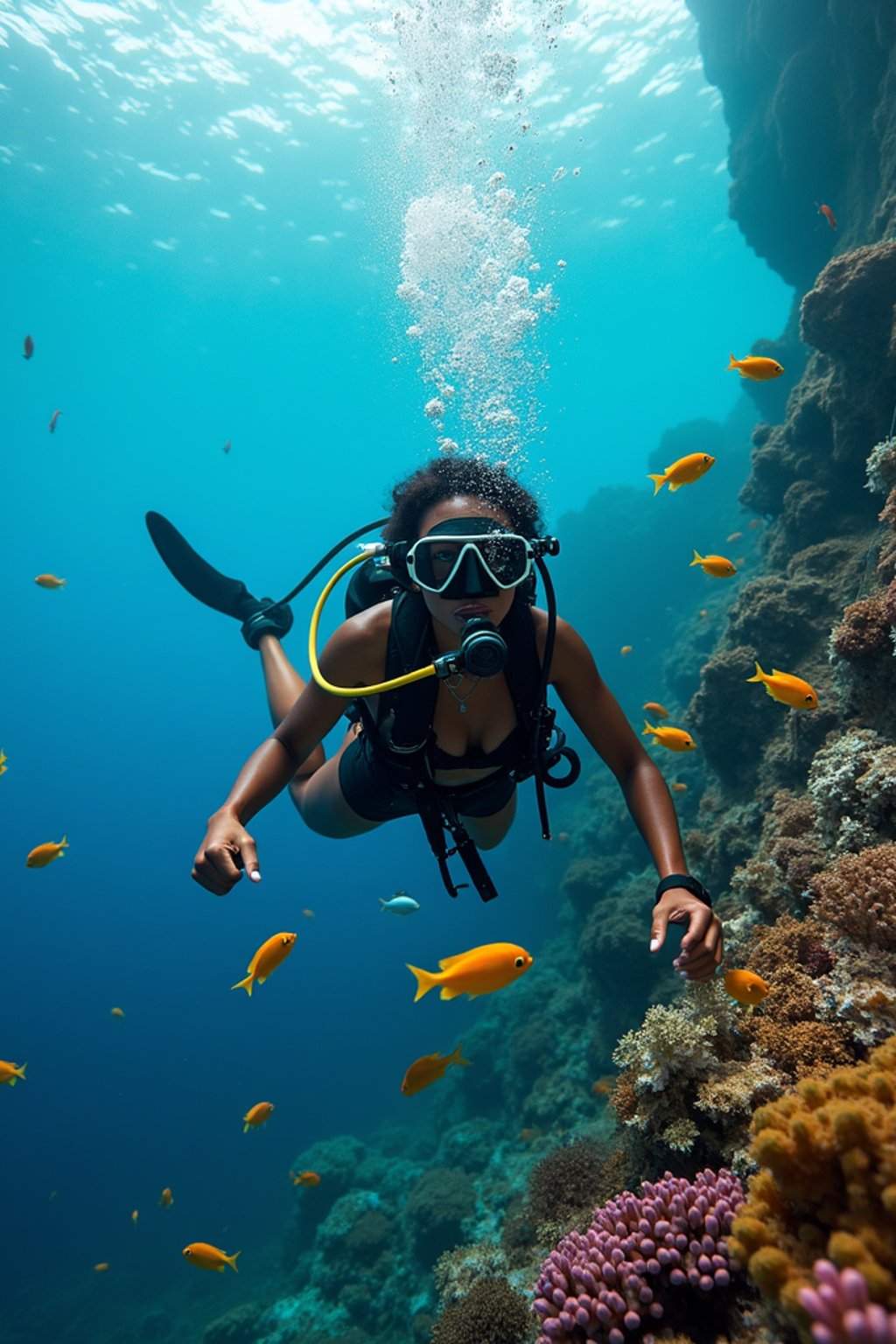 woman scuba diving in a stunning coral reef, surrounded by colorful fish