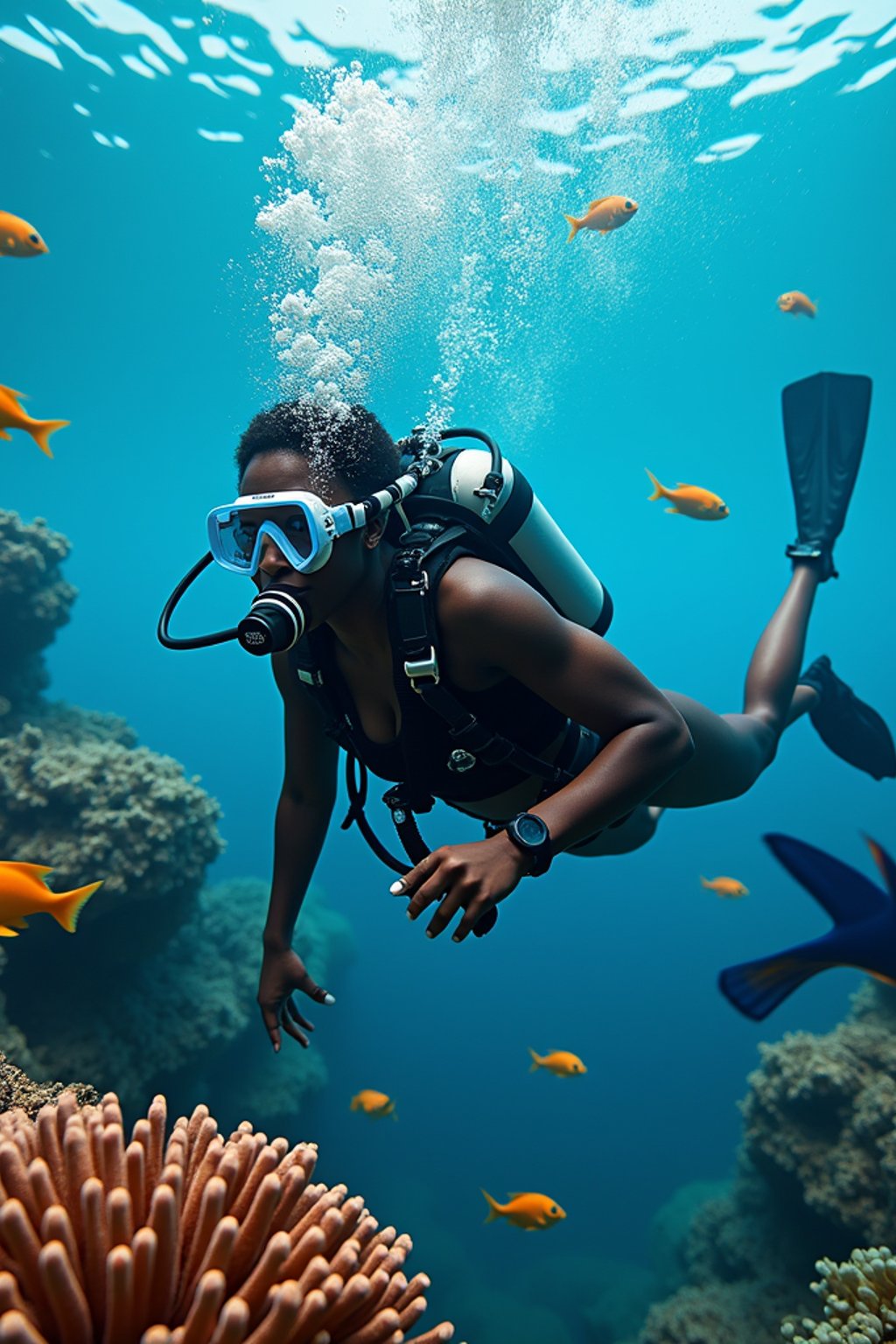 woman scuba diving in a stunning coral reef, surrounded by colorful fish