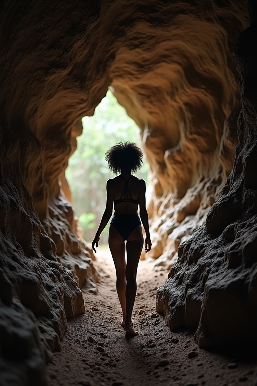 woman as individual hiking through an impressive cave system