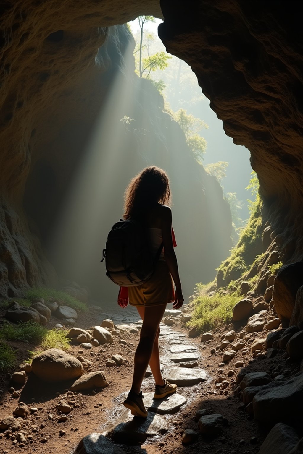 woman as individual hiking through an impressive cave system