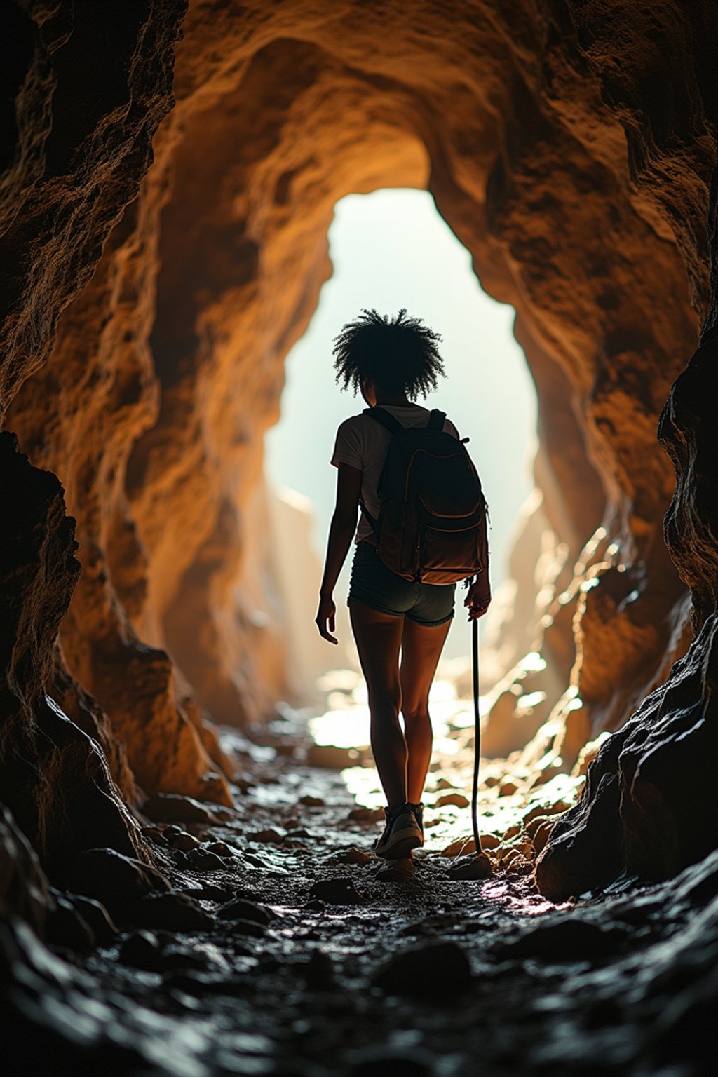 woman as individual hiking through an impressive cave system